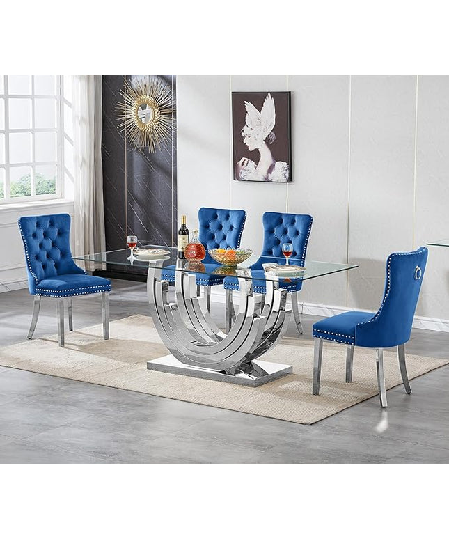 Henf 5-Piece Dining Table Set with 4 Upholstered Dining Chairs, Large Dining Table and Chair Set for 4, Modern Glass Kitchen Table Furniture for Dining Room, Glass Top and Stainless Steel Pesestal