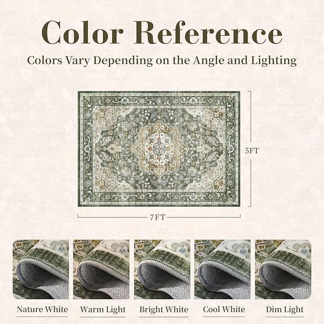 PADOOR-Vintage Area Rug 5X7 Rugs for Living Room-Soft Olive Green Rugs for Bedroom-Machine Washable Rugs Non Slip Carpet-Rug for Dining Room Living Room Bedside Office
