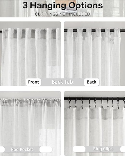 Greyish White Sheer Linen Curtains 96 Inch for Bedroom 2 Panels Back Tab Semi Sheer Privacy Textured Light Filter Greyish White Linen Curtains for Living Room Rustic Farmhouse Decor 8 FT, Width 42x96