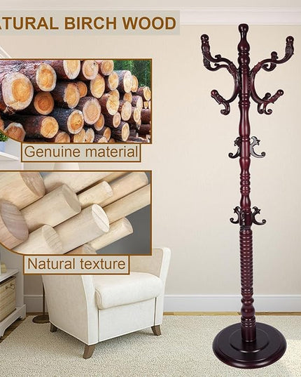 Coat Rack Freestanding with 18 Hooks, Wooden Standing Coat Racks for Entryway, Solid Wood Clothes Hanger Rack with Sturdy Round Base for Entryway, Hall, Bedroom, Office, Hallway