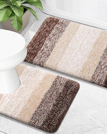 OLANLY Bathroom Rug Set 2 Piece, Soft Absorbent Microfiber Bath Mats and U-Shaped Contour Toilet Rug, Non-Slip, Machine Wash Dry, Plush Shaggy Bath Mats for Bathroom (24"x16"+24"x20", Brown)