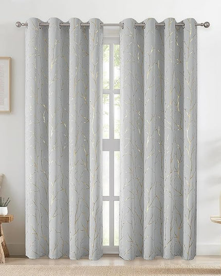 BUHUA Blackout Curtains 72 Inches Long, Gold Foil Print Pattern Room Darkening Curtain, Living Room Curtains & Drapes, Thermal Insulated Window Panel Set, 52 x 72 Inch, Silver