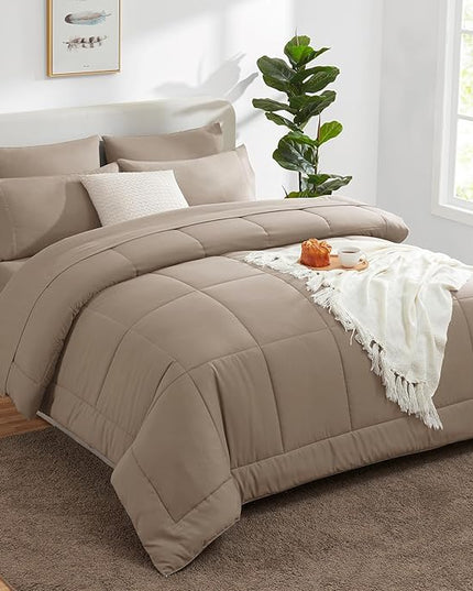 CozyLux Full Size Comforter Sets Khaki, 7 Pieces Bed in a Bag, Khaki Comforter Full Size, All Season Bedding Sets with Stitch Quilted Comforter, Flat Sheet, Fitted Sheet, Pillowcases