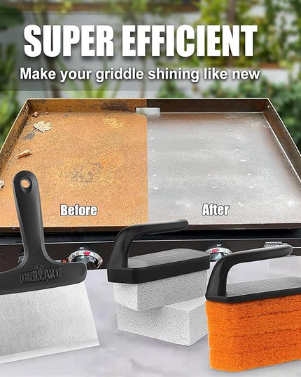 GRILLART Griddle Cleaning Kit for Blackstone, Flat Top Grill Cleaning Kit with Grill Stone, Griddle Scraper, Scouring Pad and Handles, Multifunctional Griddle Accessories for Rusty Grills, Orange