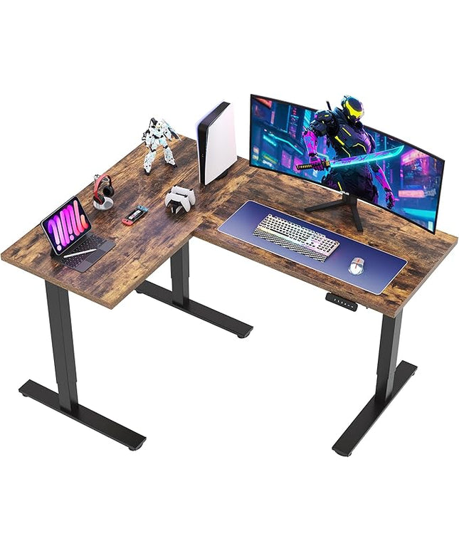 SANODESK L Shaped Standing Desk Adjustable Height, Electric Corner Standing Desk, 63 x 48 inch Sit Stand Computer Table with Splice Board, Rustic Brown