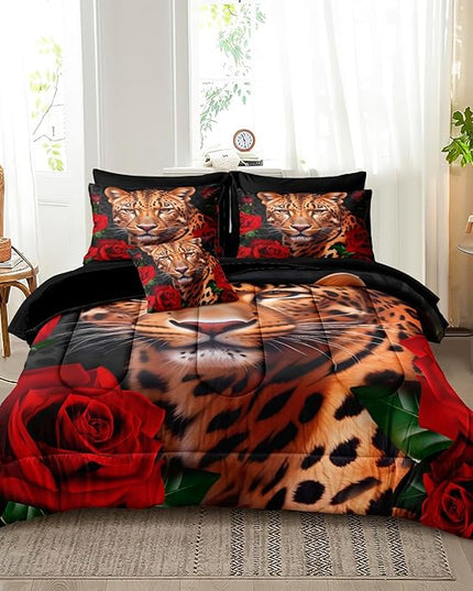 Bedbay Leopard Bedding Comforter Set Queen Size Rose Floral Bedding Set Rose Flowers and Wild Cheetah Print 8 Pcs Queen Bed in a Bag Set Teen Adults Animal Comforter Set with Sheets (Leopard,Queen)