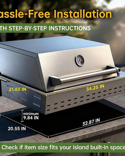 34-Inch Premium Built-In Liquid Propane Griddle for Outdoor Kitchen, 3-Burner Heavy Duty Stainless Steel Flat Top Grill with Lid, 48,000 BTUs, Large Cooking Area for BBQ Island, Outdoor Cooking,Silver