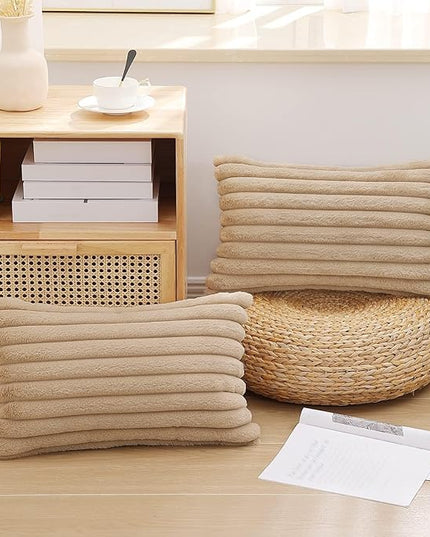 Pallene Faux Fur Plush Lumbar Throw Pillow Covers 12x20 Set of 2, Luxury Soft Fluffy Striped Decorative Pillow Covers for Sofa, Couch, Living Room, Khaki