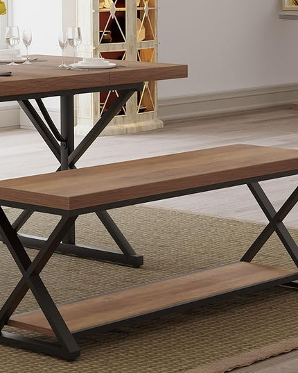 IBF Wood Entryway Bench, Wooden and Metal Bedroom Indoor Bench, Industrial Shoe Bench with Storage and Seating, Farmhouse Entry Bench for Foyer Entrance Hallway Living Dining Room, Rustic Oak, 47 Inch