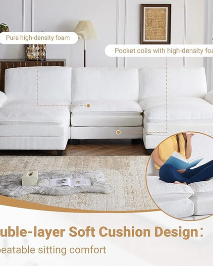 VINGLI 121" L Shape Sectional Couch, Convertible Sectional Couch for Small Living Room,Modern 3-Seat Convertible Loveseat Sofa with 2 Ottoman in Corduroy,White