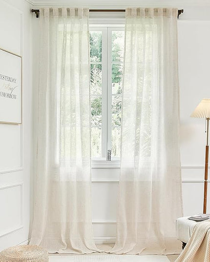 Natural Linen Blend Back Tab Sheer Curtains 90 Inches Long for Living Room 2 Panels Rod Pocket Draperies Light Filtering Semi Sheer Cream Beige Curtains for Bedroom Farmhouse Decor Ivory 42x90 Length