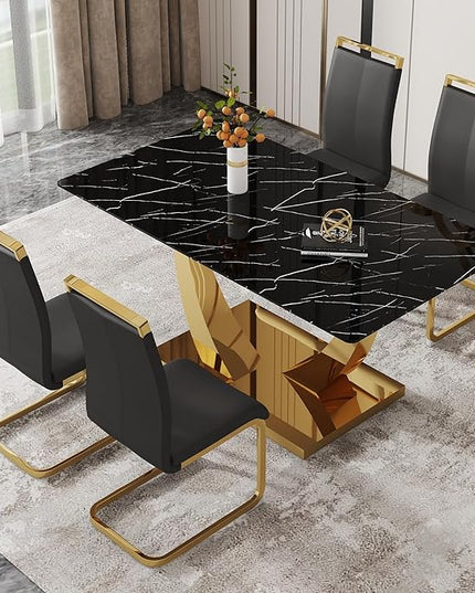 63” Dining Table Set for 4,Modern Gold Dining Room Table Set for 4, Faux Marble Kitchen Table Set with PU Leather Chairs,Black Dinner Table Set with Tempered Glass Top and Gold Base