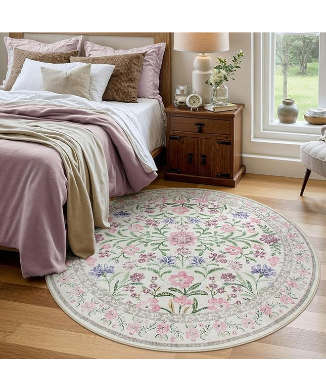 Wonnitar Floral Purple Round Area Rug 5ft, Soft Washable Kids Room Rug, Boho Ultra-Thin Non Slip Circle Carpet for Bedroom Girls Nursery Dorm Living Room Classroom, Light Purple/Pink