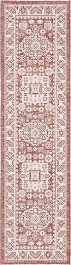 Rugs.com Outdoor Aztec Collection Rug – 8 Ft Runner Rust Red Flatweave Rug Perfect for Hallways, Entryways