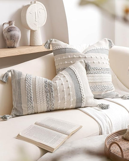 BlissBlush Gray Boho Decorative Throw Pillow Cover 20x20 Square Farmhouse Accent Cushion for Couch Sofa Livingroom Bedroom Pillowcase Modern Home Décor (Pack of 1)
