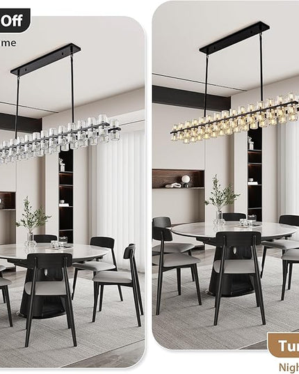 Crystal Black Rectangular Chandelier for Dining Room, 54in Chandeliers Over Table, Modern Chandelier Rectangle Contemporary Pendant Light Fixture for Kitchen Island Bar, Includes 60XG4 Bulbs