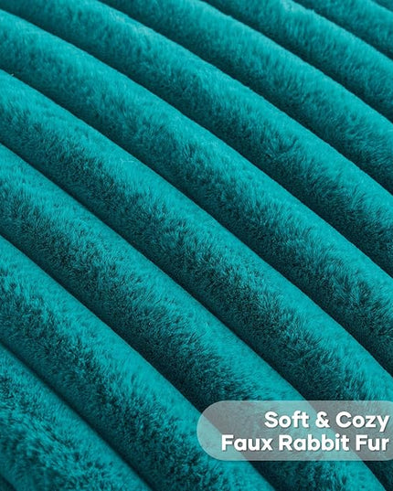 FUTEI Teal Green Throw Pillow Covers Set of 2, 24x24 Inch Striped Texture European Cushion Cases with Soft Faux Rabbit Fur Front & Velvet Back, Modern Decorative Couch Pillows for Living Room