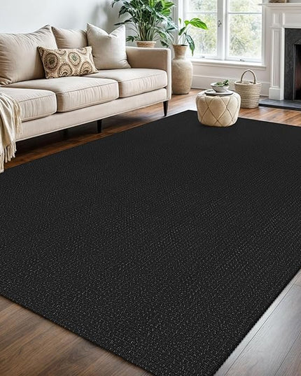 KOZYFLY Washable Area Rug 6x9 ft Rubber Backed Non Slip Rugs for Living Room Braided Cotton Bedroom Rug Woven Office Rugs Indoor Floor Carpets for Dining Bedroom Living Room, Black/Dark Grey