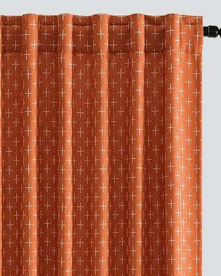 MIULEE Decorative Back Tab Linen Curtains with Geometric Pattern for Living Room Bedroom Farmhouse Rustic Thick Woven Textured Patterned Mudcloth Drapes 63 Inch Length 2 Panels Set, Burnt Orange