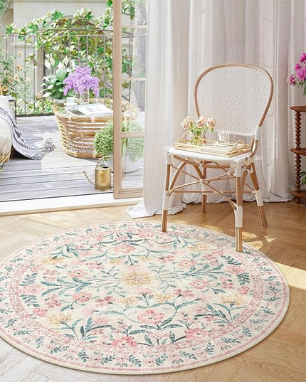 Wonnitar Washable Round Rugs 6ft, Pink Floral Circle Rug Large Round Carpet for Bedroom, Boho Soft Ultra-Thin Circular Carpets for Kids Playroom Living Room Nursery