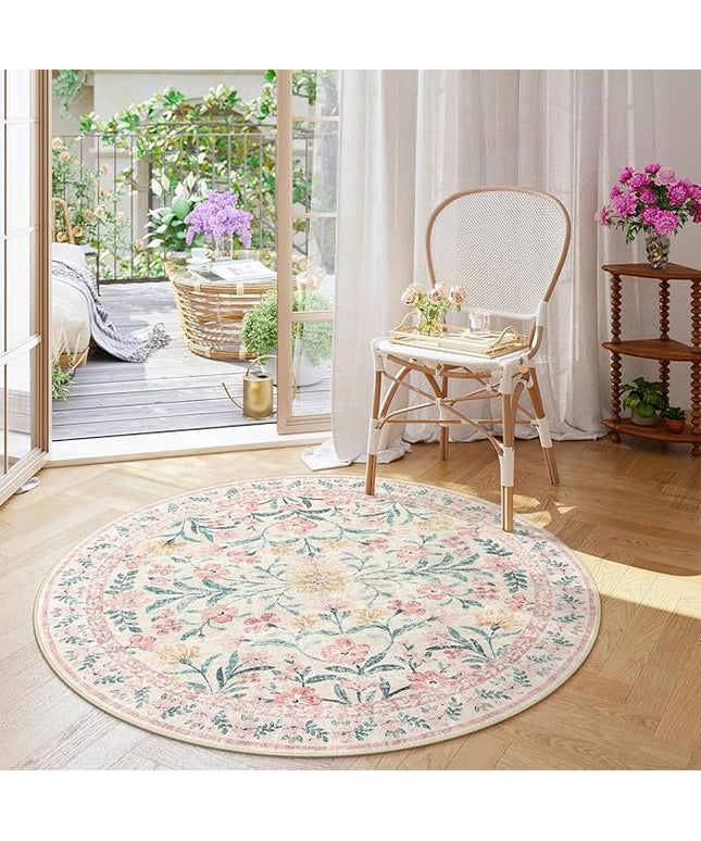Wonnitar Washable Round Rugs 6ft, Pink Floral Circle Rug Large Round Carpet for Bedroom, Boho Soft Ultra-Thin Circular Carpets for Kids Playroom Living Room Nursery