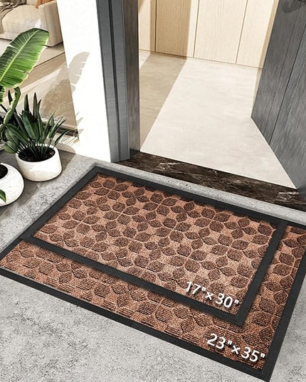 Bulijojo Sturdy Front Entrance Doormats,Durable Heavy Duty Welcome Mat,Thick Absorbent Natural Rubber Non Slip Mat,Easy Clean Entryway Mat 17"x30" Geometric Brown