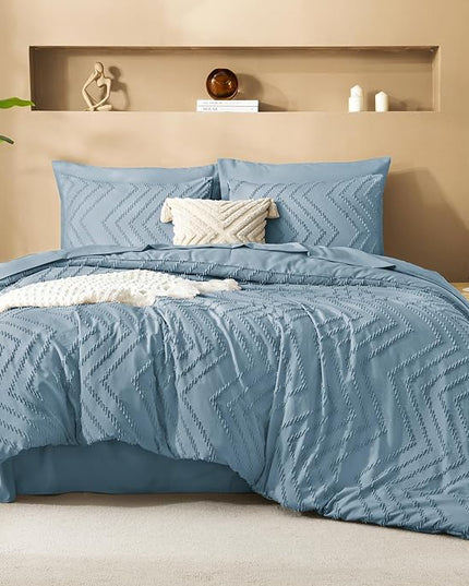 Litanika Twin Comforter Set with Sheets Dusty Blue - 5 Pieces Boho Tufted Shabby Chic Bed in a Bag, Fluffy Soft Farmhouse Bed Set for All Seasons