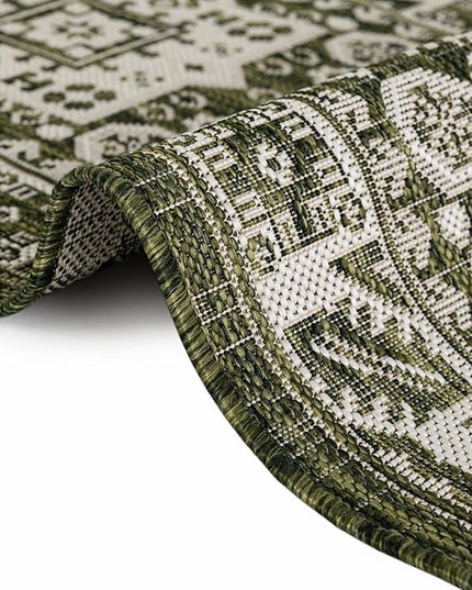 Rugs.com Outdoor Aztec Collection Rug – 13 Ft Round Green Flatweave-Pile Rug Perfect for Kitchens, Dining Rooms