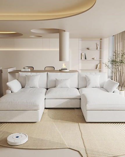Cloud Couch Modular Sectional Sofa,119.29" U Shaped Couch, Oversized Down Filled Convertible Wide Seater,3 Seater with 2 Ottomans for Living Room Set, Covers Washable&,White