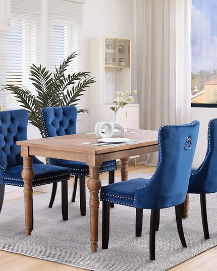SoarFlash Velvet Dining Chairs Set of 2, Tall Back Side Chair, Modern Upholstered High-end Tufted Side Chair with Button Back Ring, Solid Wood Legs (Blue)
