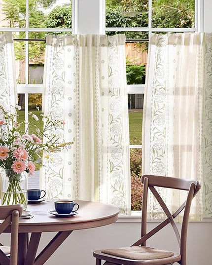jinchan Winslow Linen Curtains 45 Inch Length Christmas Decorations Farmhouse Small Window Curtains Embroidered Bordered Floral Drapes Light Filtering for Bathroom Kitchen Sage on Beige 2 Panels