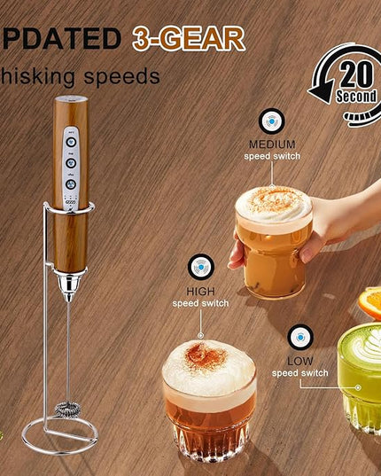 YUSWKO Wood Grain Handheld Milk Frother Wand with Stand for Coffee, Rechargeable Electric Whisk with 3 Heads 3 Speeds Drink Mixer Coffee Frother For Latte, Cappuccino, Hot Chocolate, Egg