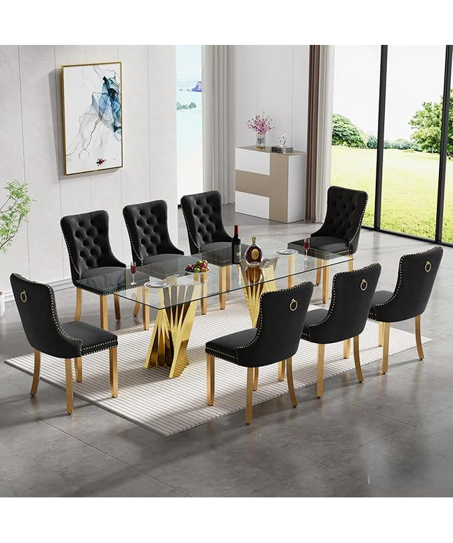 SSLine Modern 70" Glass Dining Table Set for 8, Kitchen Dinner Table Set with Stainless Steel Base and 8 Velvet Dining Chairs
