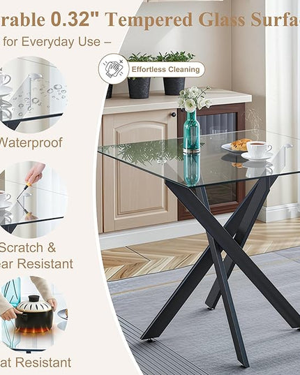 5 Piece Square Glass Dining Table Set for 4, Modern Dining Room Table and Chairs Set, Tempered Glass Top Kitchen Table with 4 Velvet Chairs, Space Saving Dining Set for Small Apartment or Home