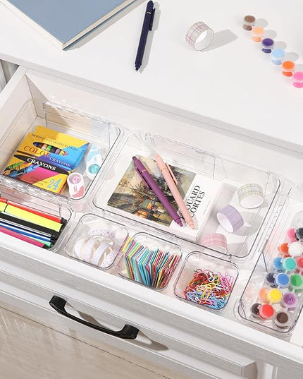 14 Pcs Adjustable Clear Drawer Organizer, Extendable Vanity Storage Bins, Desk Drawer Organizer Set for Makeup, Cosmetics, Bedroom, and Gadgets, Clear