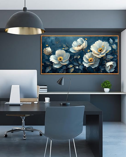 Ouzzlie White Floral Canvas Wall Art for Bedroom Large Blue Wall Decor Plant Picture Artwork 24" x 48"