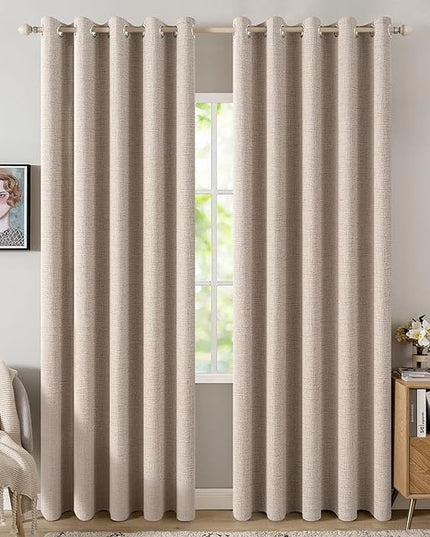 MIULEE 100% Blackout Linen Textured Curtains for Bedroom Solid Thermal Insulated Natural Beige Grommet Room Darkening Curtains & Drapes Luxury Decor for Living Room Nursery 62 x 84 Inch (2 Panels)