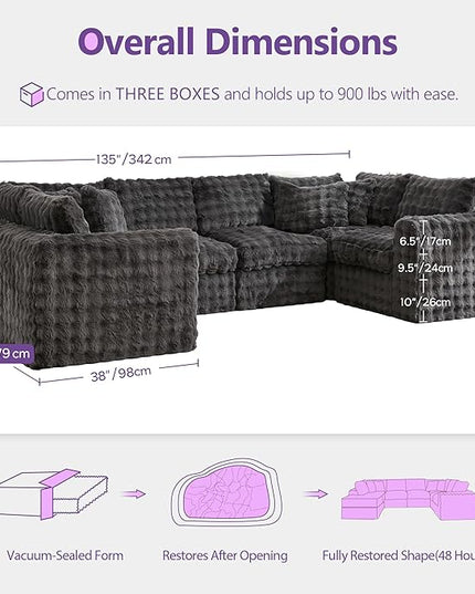 TYBOATLE 135’’ Boneless Slow-Rebound Memory Foam Couch, Cloud Sectional Couches for Living Room w/Upgraded Fabric, Deep Seat Comfy Fluffy U Shaped Modular Sectional Sofa w/Chaise (Grey, 6U)