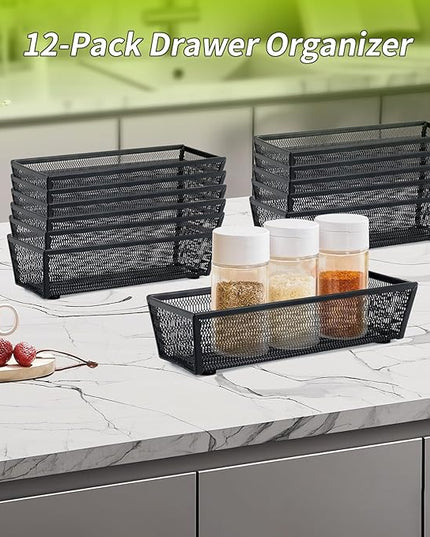 Neudeco Silverware Organizer,Mesh Drawer Organizer for Kitchen，Metal Utensil Organizer for Flatware, Knives, Spoons,Cosmetic (Black 9 * 3 * 2 inch Pack12)