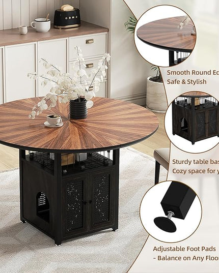47" Round Dining Table Set for 4-6 People, Large Farmhouse Kitchen Dining Table Set with Chairs and Storage Rack, Metal Base Round Table for Home Dining Room Living Room (Cat table and 2 brown chairs)