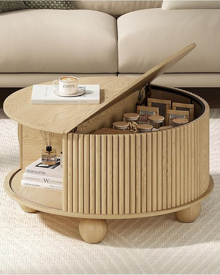 Round Coffee Table with Storage, 31.5" Circle Coffee Table with Sliding Door & Bun Feet, Fluted Center Table for Living Room, Home Small Space, Oak