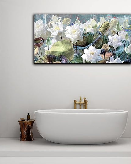 GUGIKA Flower Wall Art for Living Room, White Lotus Canvas Wall-Art for Bedroom, Watercolor Floral Print Paintings, Size 48x24 Inches