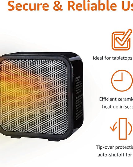 Amazon Basics Ceramic Space Heater, Mini Heater for Office Desk, Portable Tent Heater (Indoor Use), 500 W, With Tip-Over Protection, Lightweight (1.4 LBS), Black, 5.87”D x 3.15”W x 5.95”H