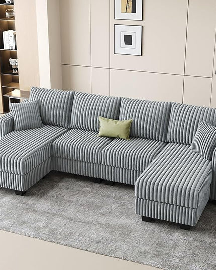 Belffin U Shaped Couch with Reversible Chaises Sectional Couches for Living Room Sectional Couch with Ottomans Corduroy (Light Grey, U Shaped)