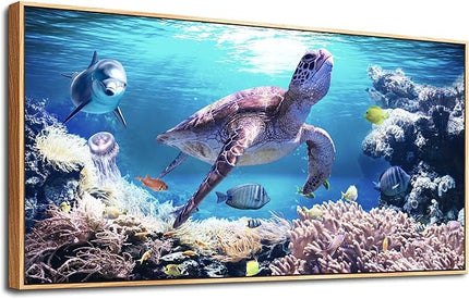 Wapluam Framed Canvas Wall Art - Large Decorations for Living Room, Office, Modern Bedroom - Sea Turtles Wall Pictures - Blue Ocean Painting - 24" x 48" Canvas Prints