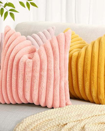 decorUhome Faux Fur Spring Throw Pillow Covers 24x24 Set of 2, Decorative Soft Plush Striped Neutral Couch Euro Pillow Covers with Velvet Back for Sofa, Bed, Living Room Home Decor, Blush Pink