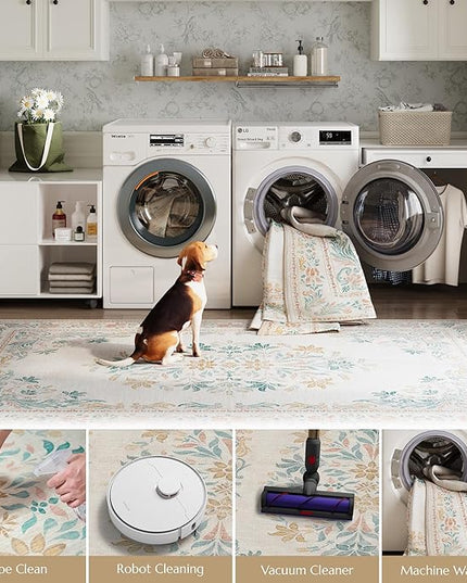 jinchan Vintage Floral Runner Rug 2x6 - Machine Washable Distressed Design Non-Slip Low-Pile Soft Thin Carpet for Hallway Kitchen Farmhouse Bedroom Entryway Laundry Room (2x6ft, Apricot Multi)