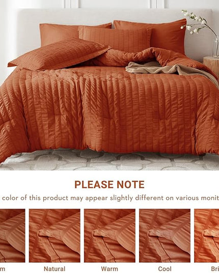 MUXHOMO 7 Pieces King Comforter Set, Seersucker Bed in a Bag King Size, All Season Luxury Bedding Set with Comforter, Flat Sheet, Fitted Sheet, Pillowcases & Shams, Burnt Orange
