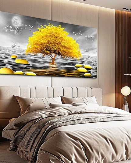 hyidecorart Canvas Wall Art 30"X60" - Black And White Ocean Scenery & Yellow Tree Art Print, Large Wall Decor Posters Abstract Pictures for Living Room, Bedroom, Office Modern Home Decor