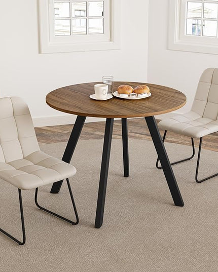 34.6'' Dining Table and Chairs for 2, Mid Century Modern Round Table Set, Space Saving for Apartment Kitchen Dining Room (Walnut Table+2 U-Shaped White Chairs)